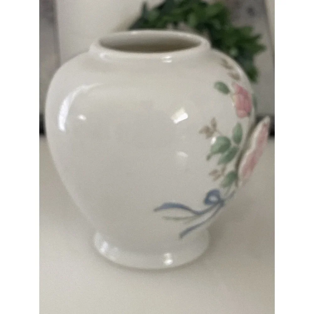 Vintage Japan Mini Vase 3D Raised Roses Porcelain Collectible White and Pink EUC